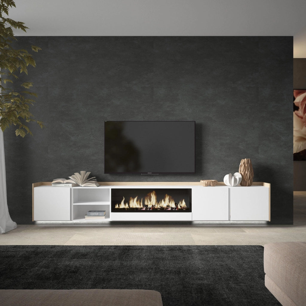Mobile TV Soggiorno, 315x50x35 cm, Per TV fino a 80", Camino elettrico XXL, Sospeso, da appendere, LED, Bianco e Rovere soft