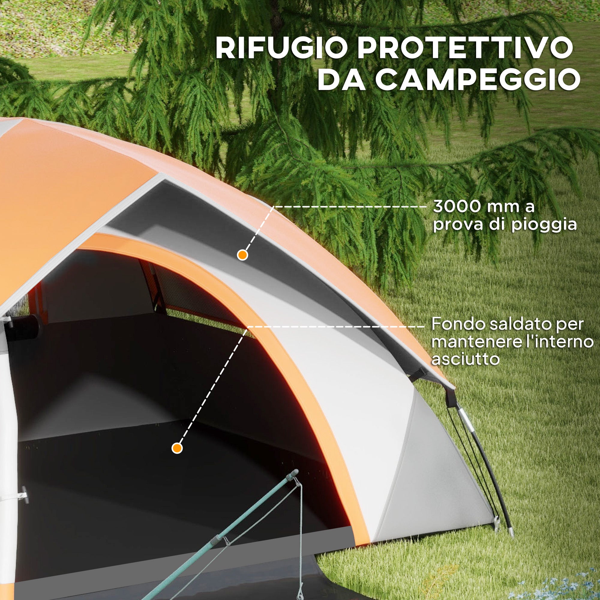 Tenda da Campeggio per 2 Persone Impermeabile 210x150x110 cm Pavimento Esteso Grigio e Arancione