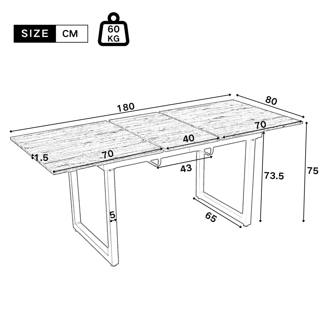 Tavolo da pranzo allungabile in MDF e metallo stile industriale rettangolare per sala da pranzo 140 × 80 × 75 cm