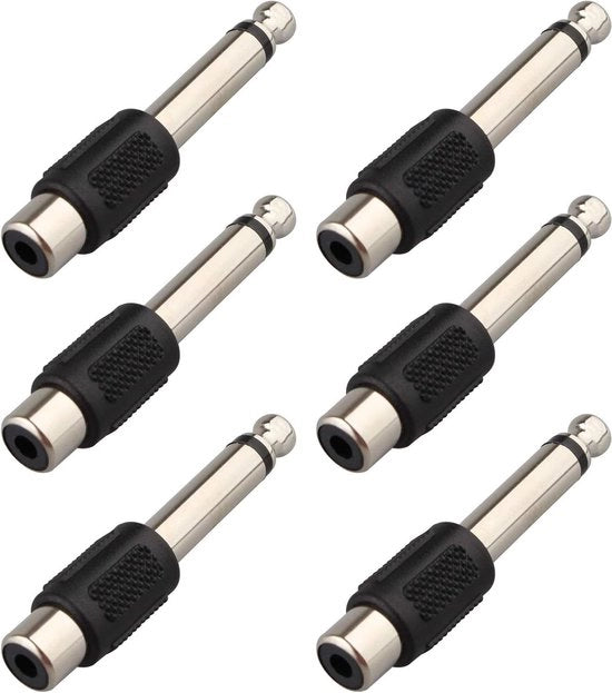 Adattatore Audio 6,35mm Jack Mono Maschio a RCA Femmina Nero - 6 Pezzi