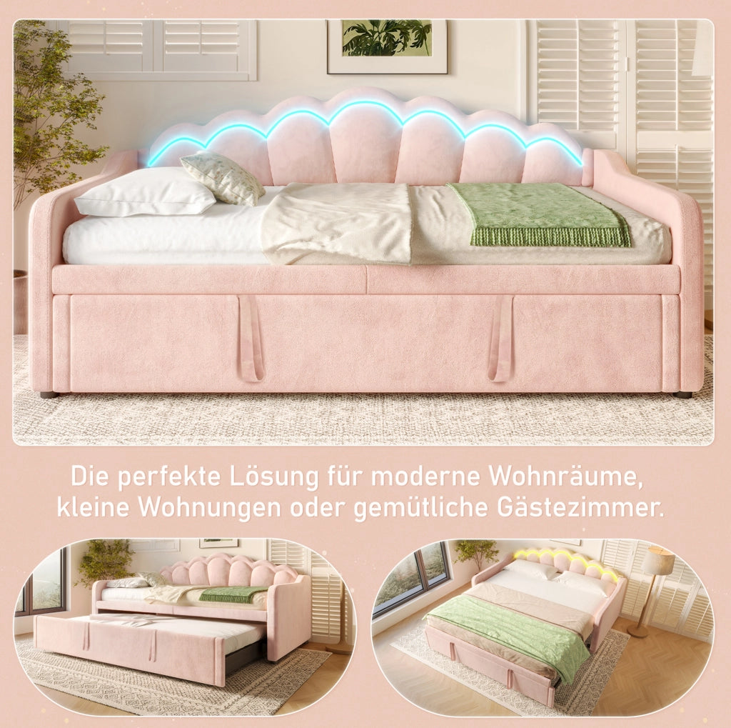 Letto estraibile in velluto rosa con LED 90x200/180x200 cm