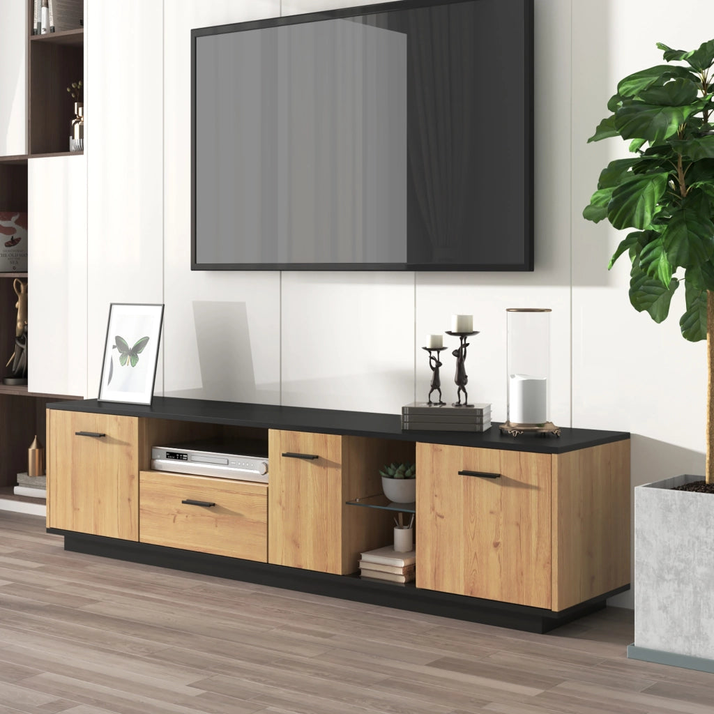 Mobile TV con 3 Ante; 1 Cassetto; 2 Vani a Giorno e LED 16 Colori; MDF; Nero e Effetto Legno; 180??37??45 cm