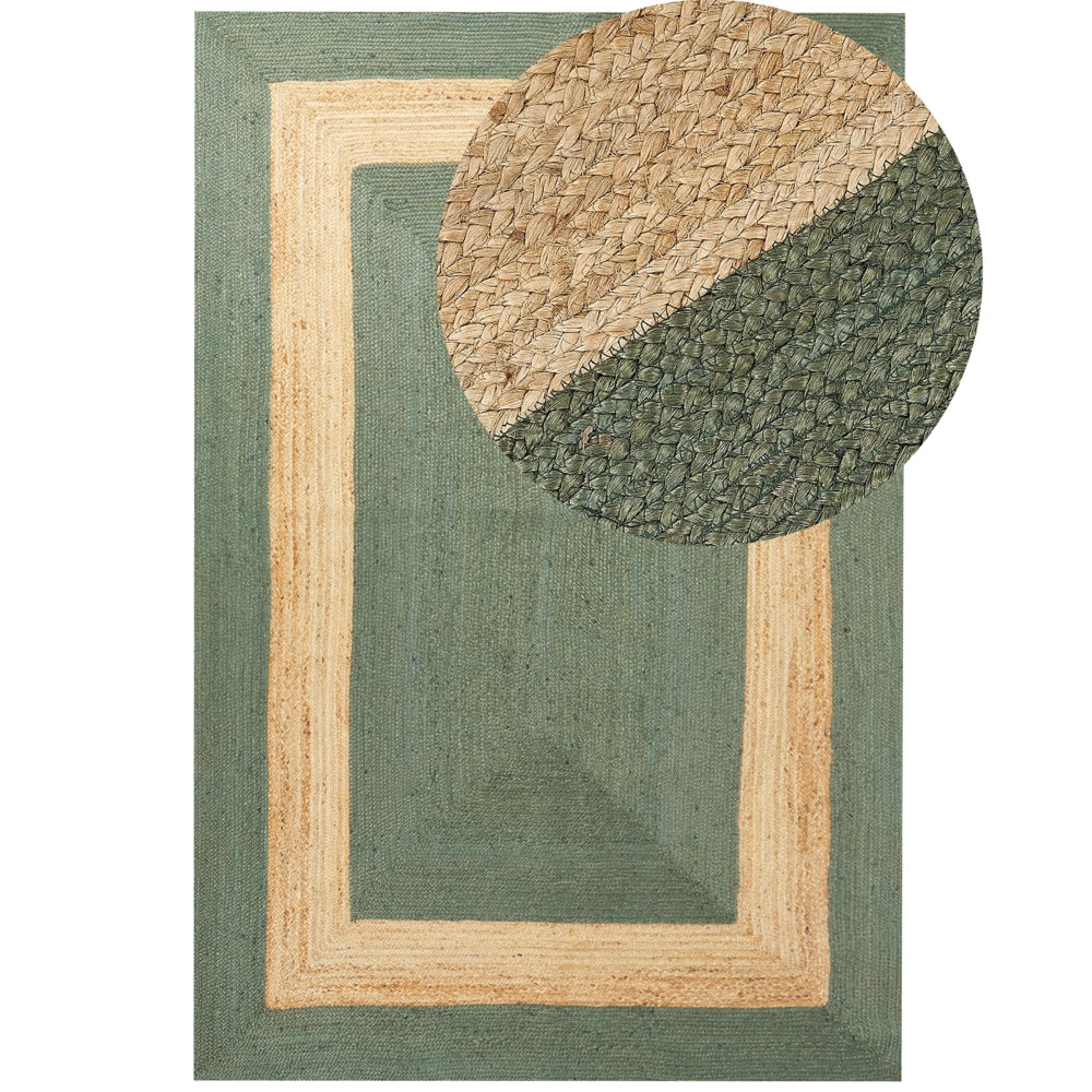 Tappeto in iuta intrecciata naturale in stile bohémien con motivo geometrico 200 x 300 cm verde soggiorno camera da letto