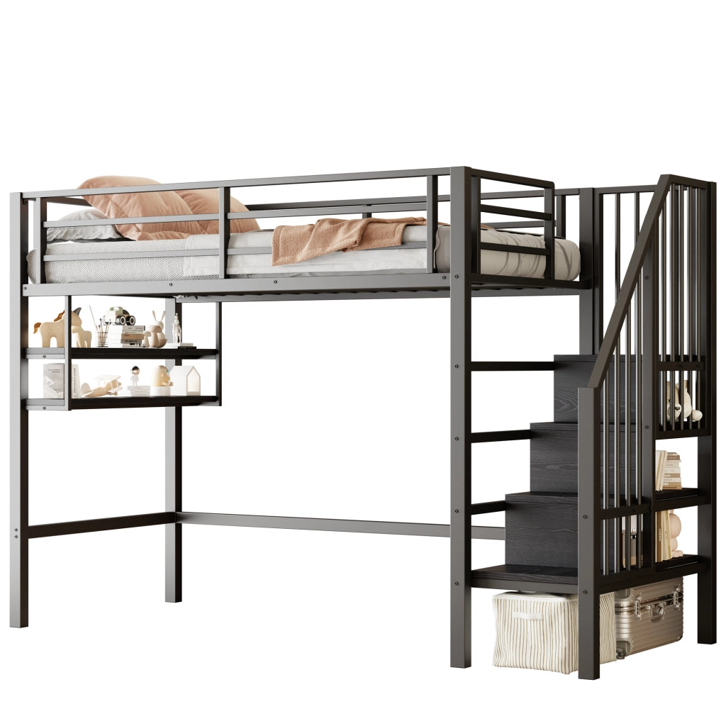LETTO A SOPPALCO 90x200 cm con ripiani e scala contenitore, nero