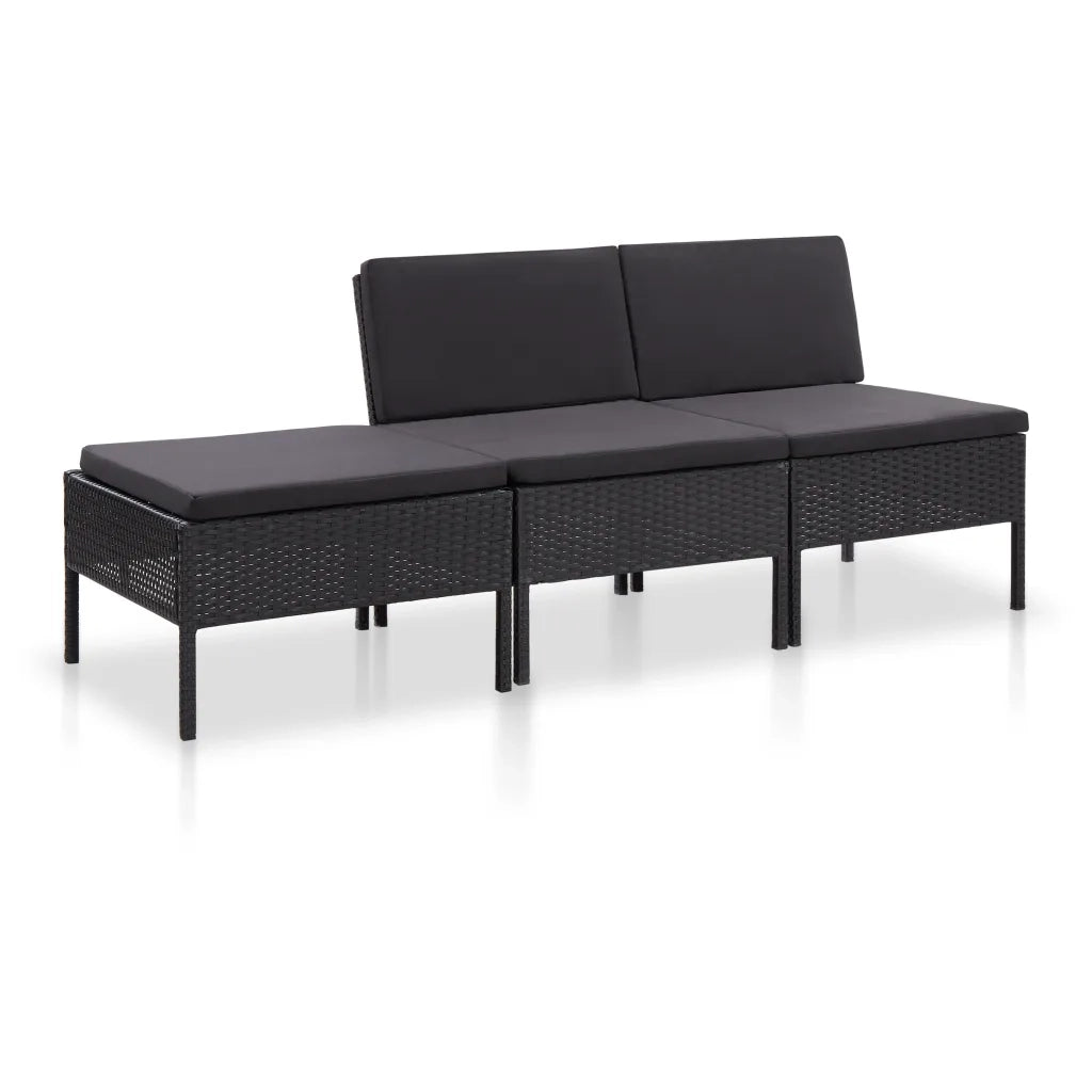 Set Divani da Giardino 3 pz con Cuscini in Polyrattan Nero cod mxl 35057