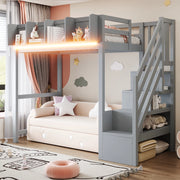 Letto a soppalco 90 × 200 cm con barriera di sicurezza, ripiani e LED, senza materasso, in legno grigio