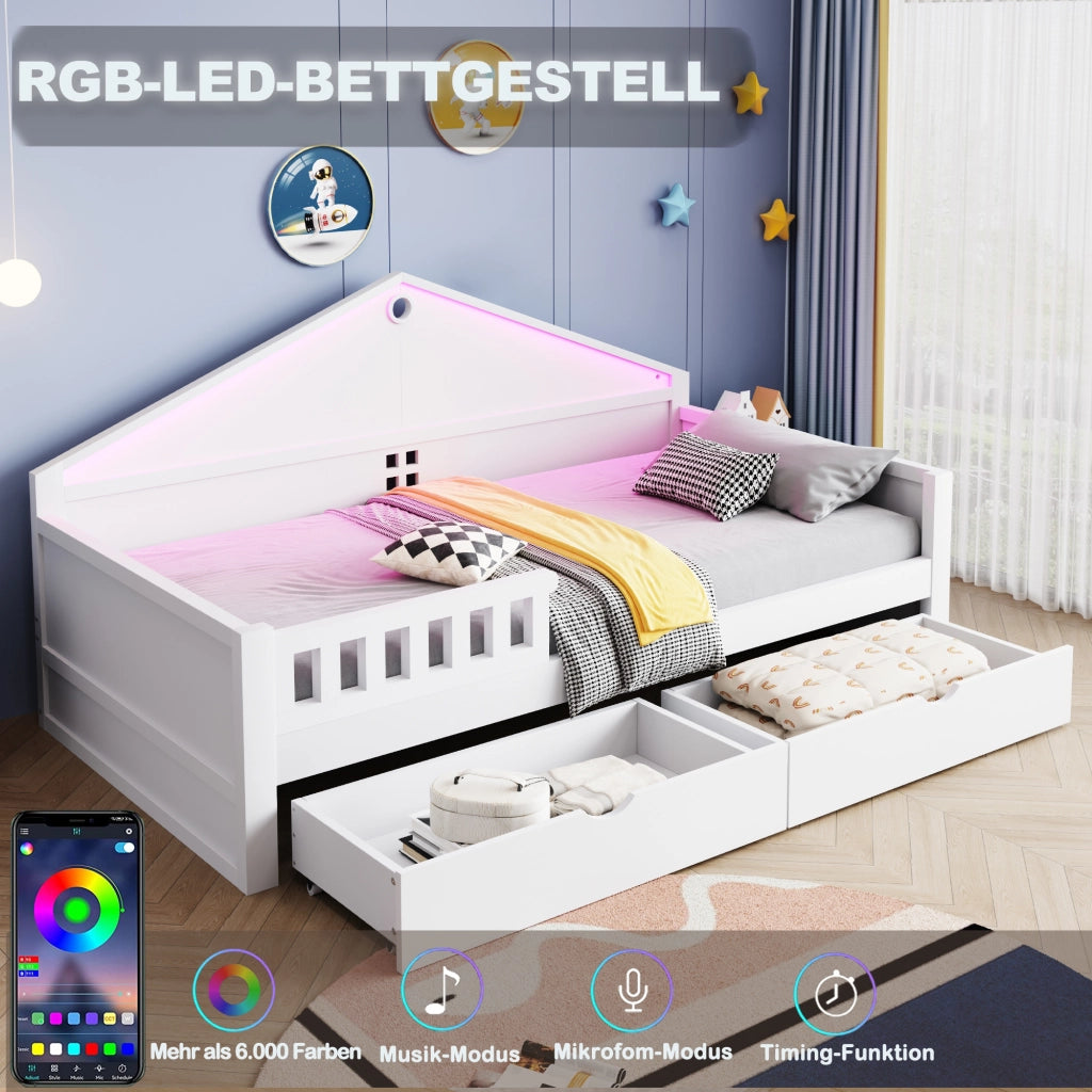 LETTO 90x200 cm con LED e 2 cassetti Bianco, Legno massello e MDF