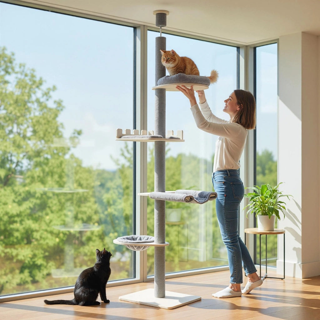 Albero per gatti a 5 piani da pavimento a soffitto torre in legno con piattaforma, Albero amaca e cuscini rimovibili