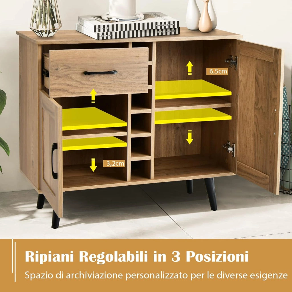 Credenza Buffet Mid Century, Cantinetta Porta bottiglie da 6 Vini, con Cassetto Estraibile e Ripiani Regolabili, Mobile Bar da Cucina e Soggiorno, 90 x 40 x 79 cm, Naturale