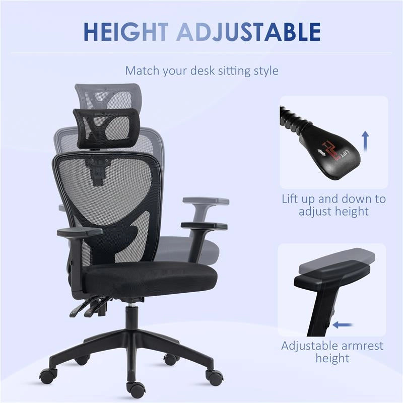 SEDIA DA UFFICIO ERGONOMICA CON ALTEZZA REGOLABILE, SUPPORTO LOMBARE E POGGIATESTA, 66X61X106-116CM NERO