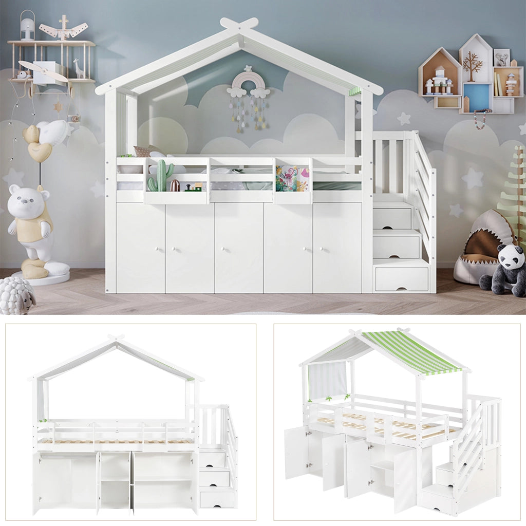 OKWISH Letto a Castello 90×200 cm, Letto Singolo con Scala Contenitore, Armadio, 7 Vani e Spondina, senza Materasso, Bianco Verde
