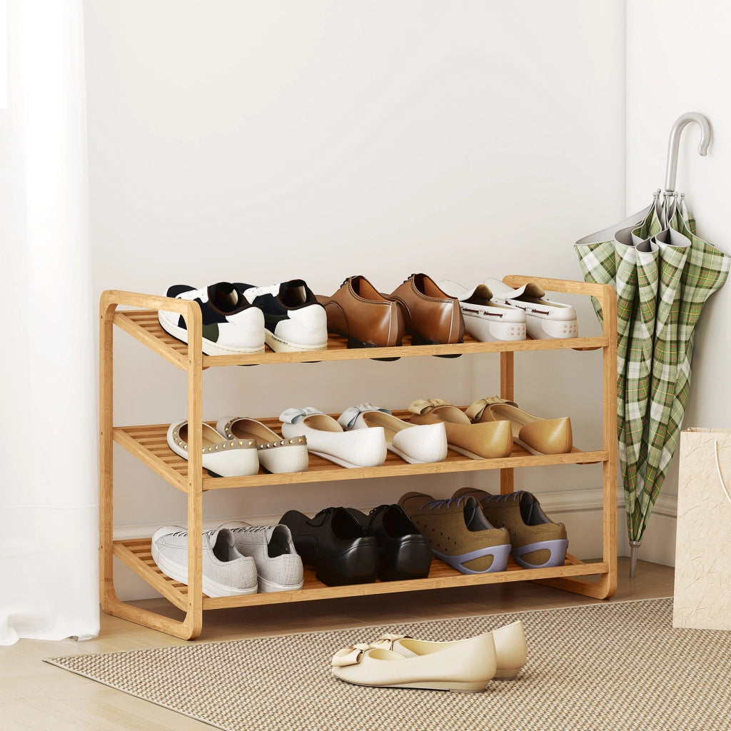 Scaffale Scarpiera a 3 Livelli per 12 Paia di Scarpe 76x33x50,8 cm con Ripiani a Doghe in Bambù