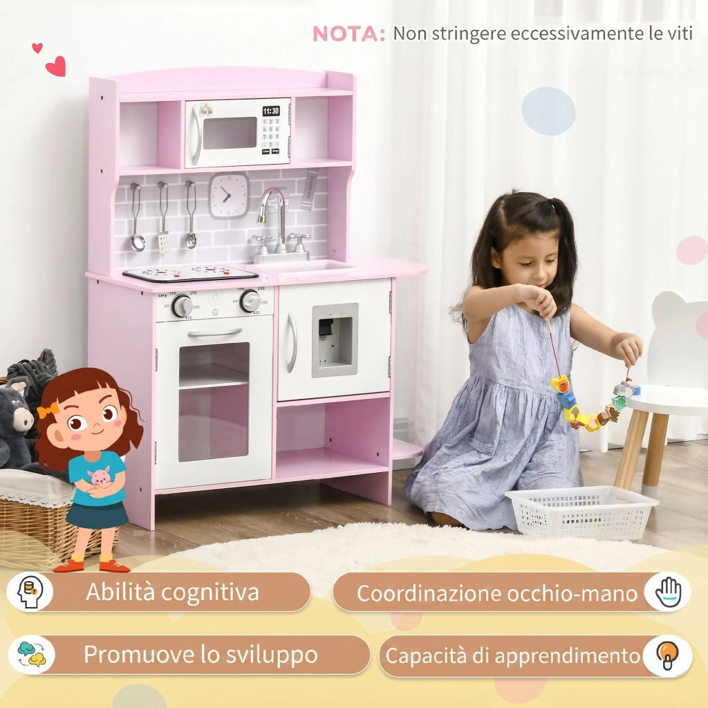 Cucina Giocattolo per Bambini con Fornelli Luci e Suoni Microonde Distributore d'Acqua in MDF e PP Rosa