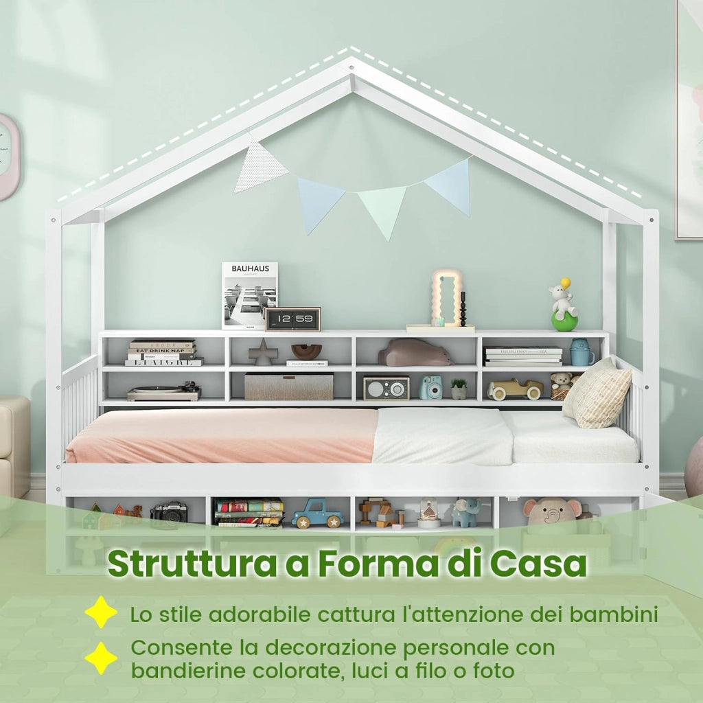 Letto a Castello con Tetto, Letto Singolo per bambini con Struttura in Legno 14 Cubi di Stoccaggio e un Armadio, Struttura Letto 100x190 cm, Carico 200 kg