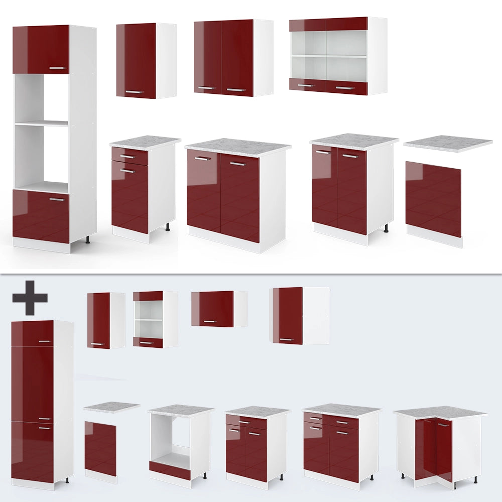 Vicco Cucina componibile Rosso lucido/bianco 300 cm con armadio alto, PL Rovere