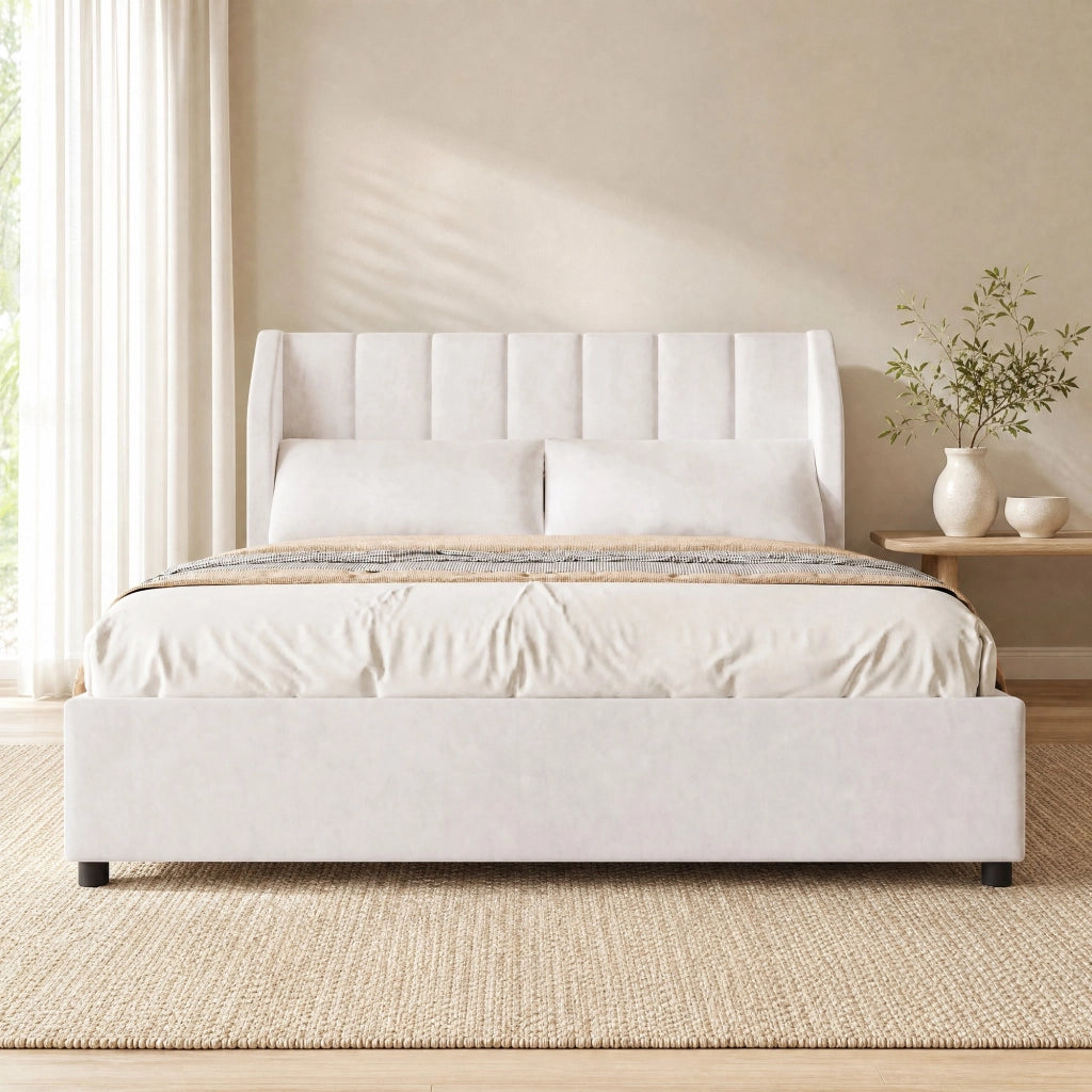 Letto imbottito 140 x 200 cm con rete a doghe; testiera in flanella beige