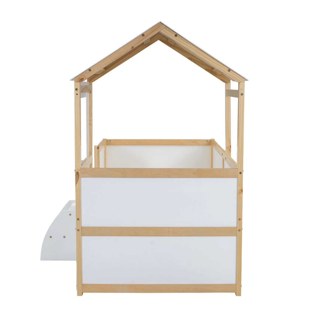Letto Casetta 90x200 cm - 4 Cassetti; Scala e Finestra - Legno - Bianco e Naturale