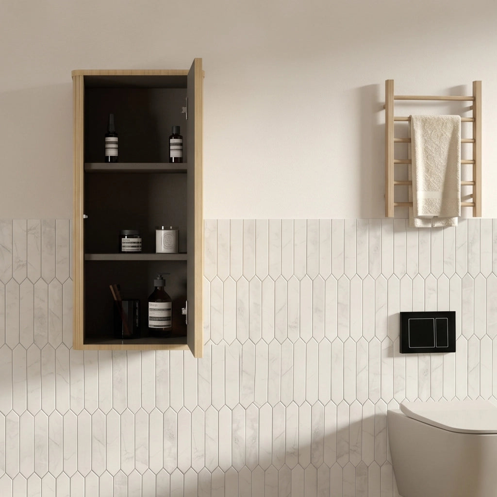 Armadietto da bagno con anta push-to-open e ripiani interni per bagno e soggiorno in MDF e compensato rovere