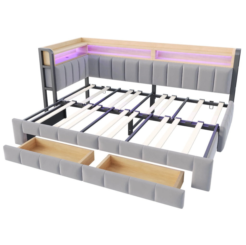 Divano letto imbottito 90x200 cm estensibile in velluto grigio chiaro con LED; USB e contenitore