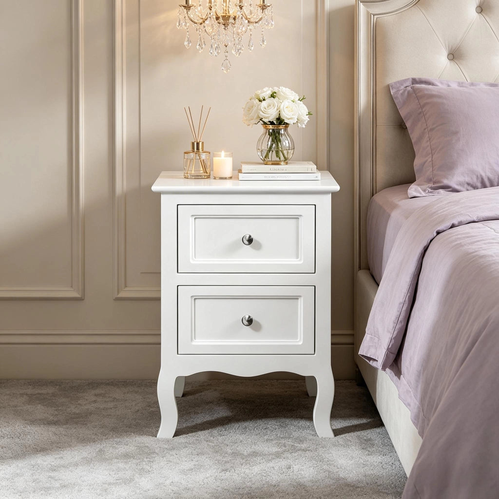 Comodino con 2 cassetti in MDF E1 laccato bianco con maniglie in metallo e gambe rialzate