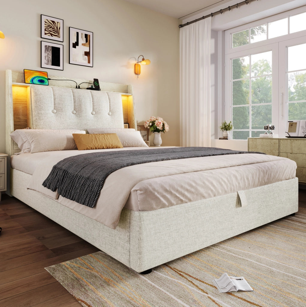 Letto imbottito 90x200 cm con USB Type-C; contenitore ribaltabile e LED; lino beige