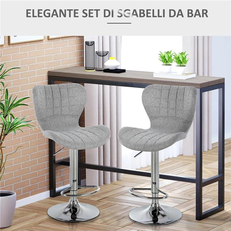 SET 2 SGABELLI DA BAR GIREVOLI CON ALTEZZA REGOLABILE POGGIAPIEDI E SCHIENALE IN TESSUTO GRIGIO