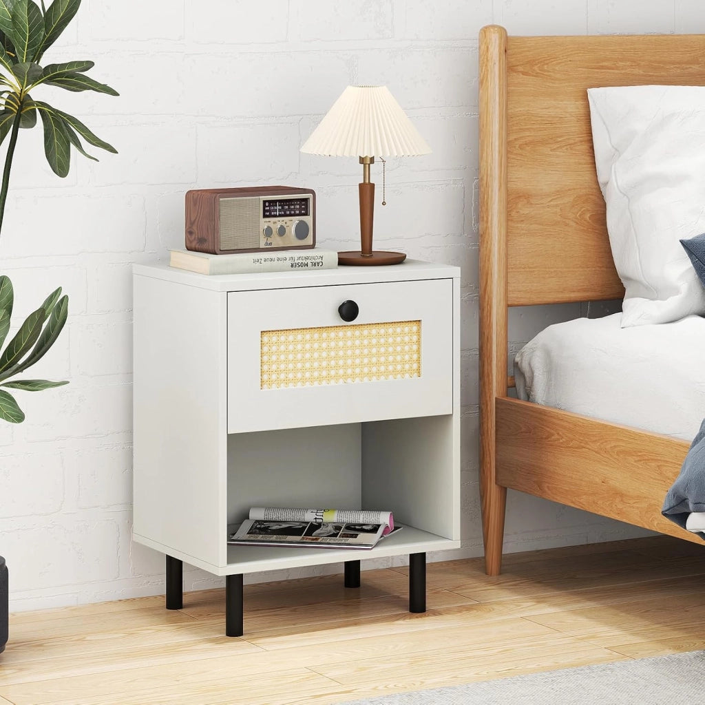 Comodino Camera da Letto con Ampio Cassetto e Scomparto Aperto, Comodino Moderno con Gamba in Metallo e 2 Dispositivi Antiribaltamento per Soggiorno e Ufficio, 40 x 30 x 52 cm (1)