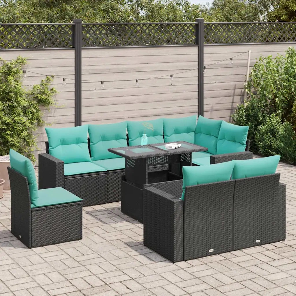 Set Divani da Giardino 9 pz con Cuscini Nero Polyrattan Acacia