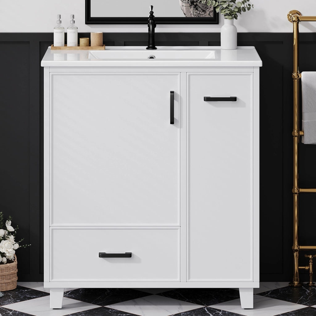 Mobile sottolavabo con 1 anta e 2 cassetti; lavabo in ceramica - per bagno - bianco