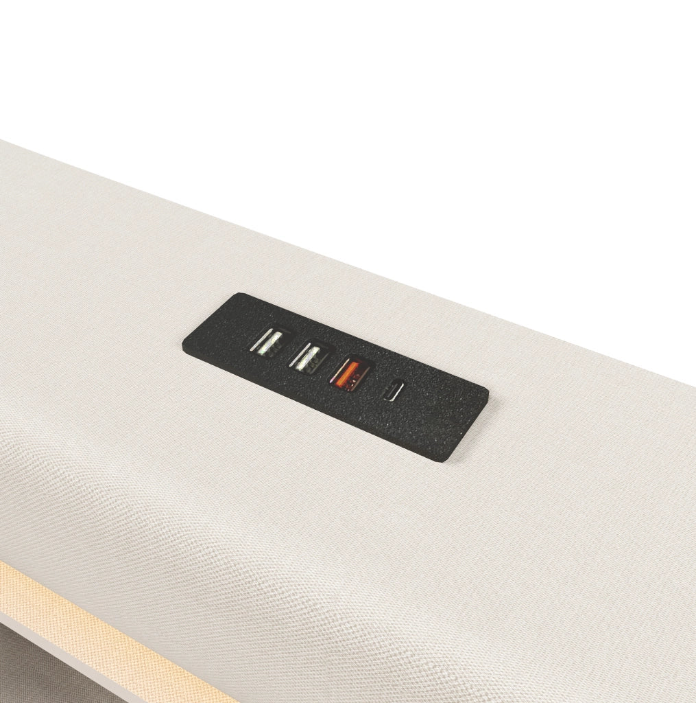 Letto imbottito con contenitore 140x200 cm in lino beige; LED e ricarica USB Type-C