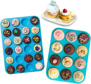 2 pezzi di forme per muffin in silicone, 12 + 24 cavità, muffin bakvorme BPA-free con rivestimento antiaderente, teglia per cupcake, biscotti, bagel e muffin (blu [12+24])