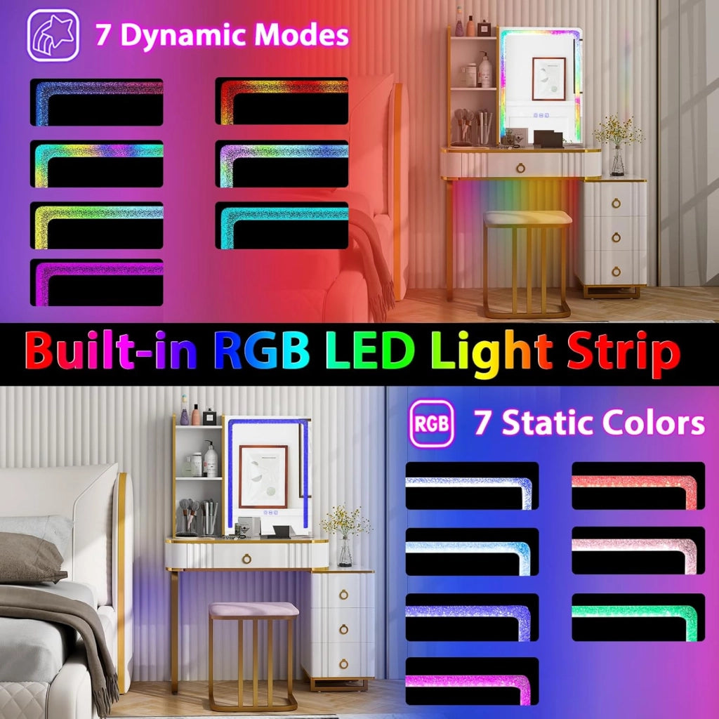 Tavolo da toeletta con sgabello, tavolo da trucco con specchio, strisce LED RGB, bordo specchio diamantato, 7 modalità LED dinamiche e 7 statiche, tavolo per acconciature con caricatore e vari