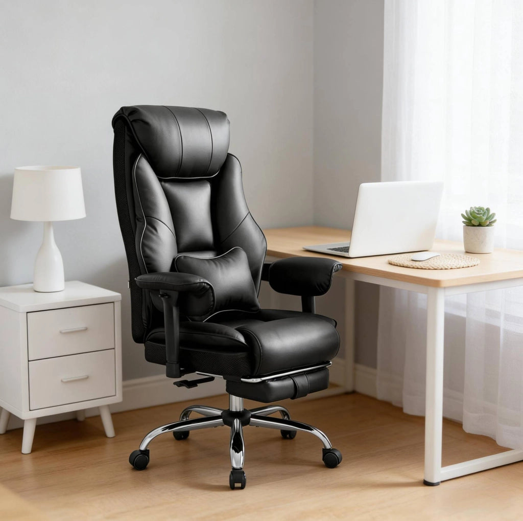 Sedia da ufficio ergonomica nera con schienale alto e supporto lombare regolabile