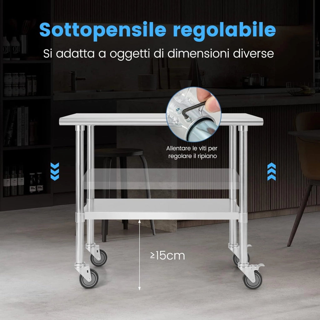 Tavolo da Lavoro in Acciaio Inox, Tavolo di Preparazione Alimentare/Porta Attrezzi con Ruote e Ripiano Inferiore Regolabile, per Cucina, Ristorante, Officina e Garage, 91,5 x 61 x 89,5 cm