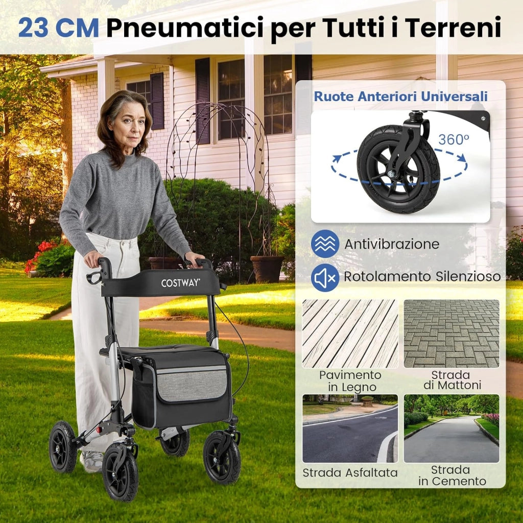 Deambulatore Pieghevole per Anziani in Alluminio, Rollator Regolabile in Altezza con Seduta, Schienale e Freni, Girello per Anziani con Borsetta, Carico Massimo 140 kg (Argento)