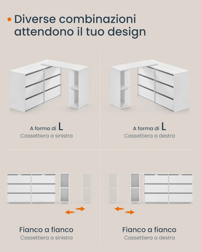 SONGMICS HOME Tavolo da Trucco, Montaggio Rapido Senza Attrezzi Toolless, Cassettiera, Armadio con Scaffale, Affiancati o a Forma di L, per Camera da Letto, Studio, Bianco Neve LTS656W01