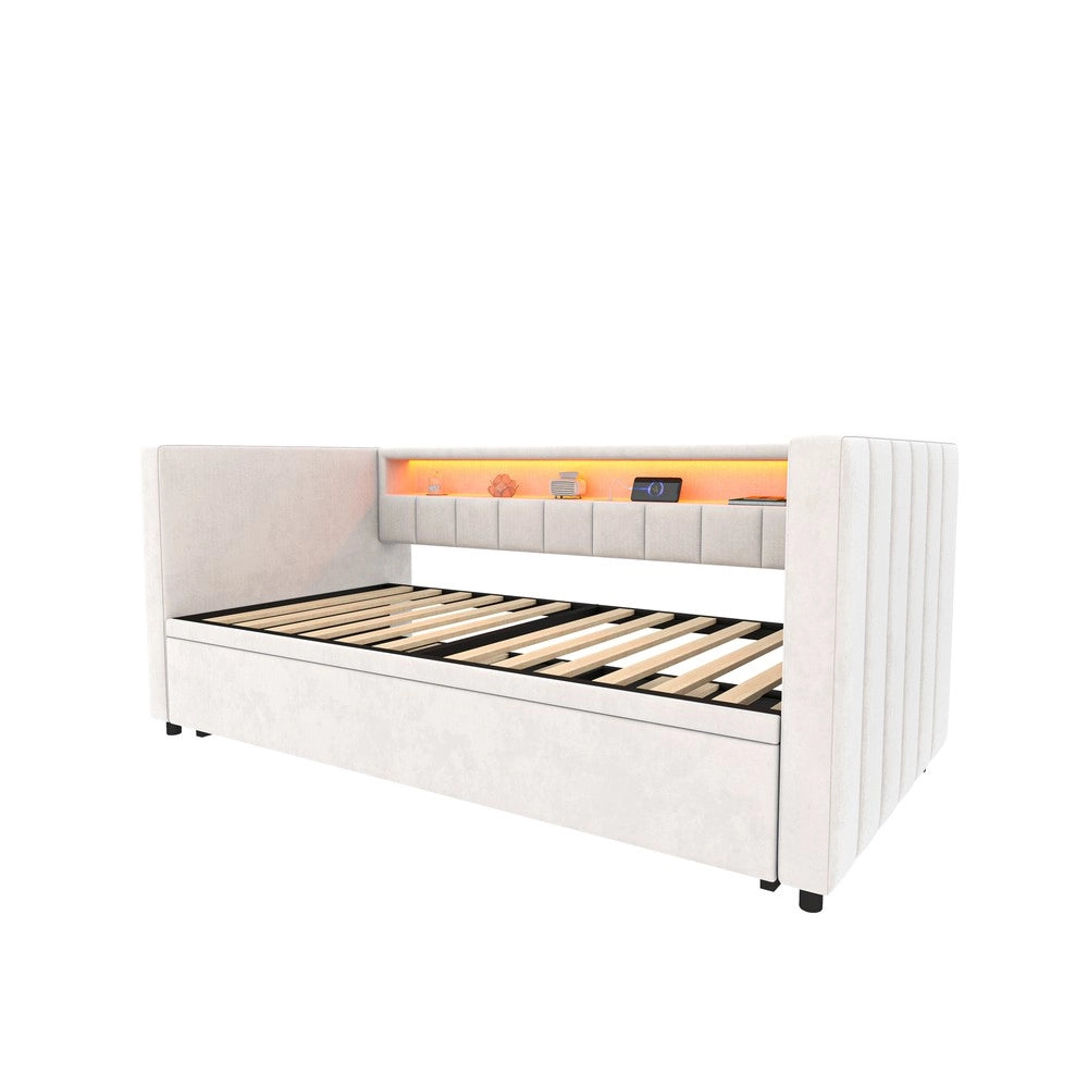 Divano Letto 90x190 con Contenitore, LED, USB, Velluto ¨C Xylo ¨C Beige