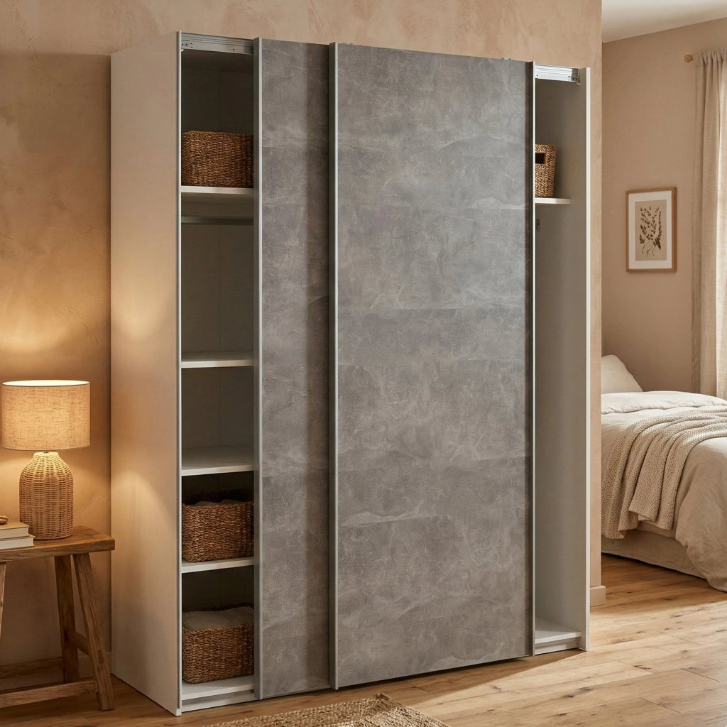 Guardaroba 2 ante Maurice, Mobile camera da letto, Cabina armadio portabiti, Armadio appendiabiti, 150x61 h200 cm, Bianco e Grigio
