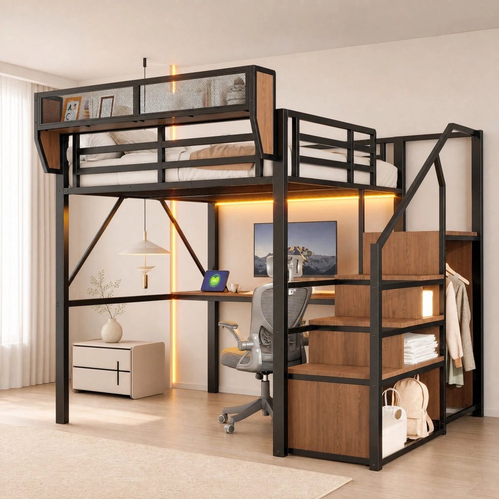 Letto a soppalco in metallo 140x200 cm con scrivania, scala di sicurezza, ripiani flessibili, LED e presa multifunzione, Nero