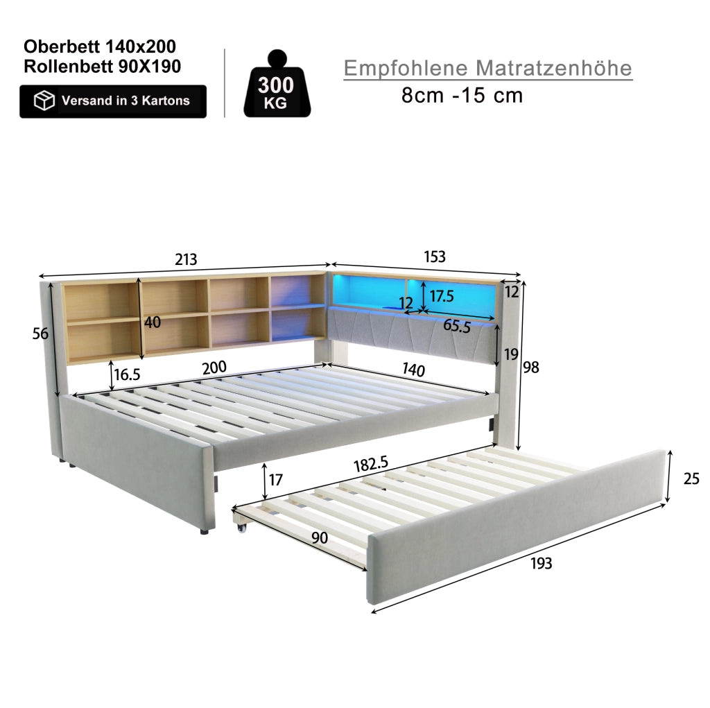 Letto multifunzione con estraibile, LED e prese, grigio