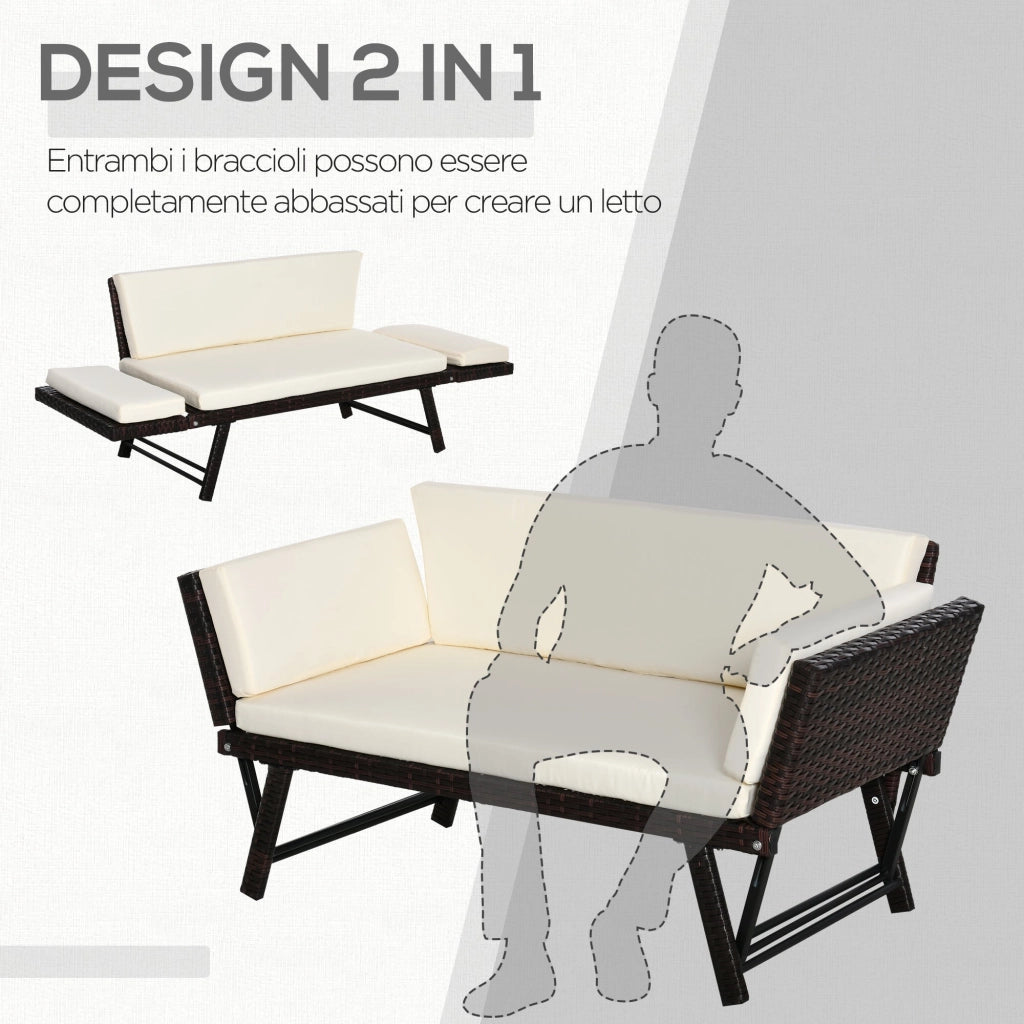 Divano da Giardino 2 Posti Trasformabile in Lettino in Rattan Sintetico Bianco 129x66x79 cm
