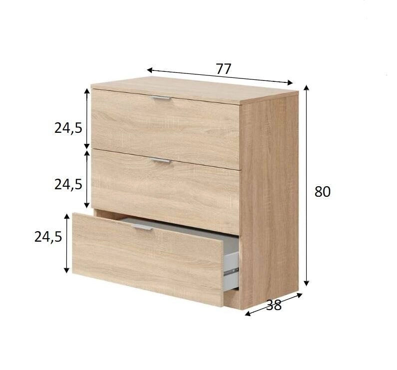 Cassettiera Garbino, Cassettiera camera da letto , Settimino a 3 cassetti, 77x38h80 cm, Rovere