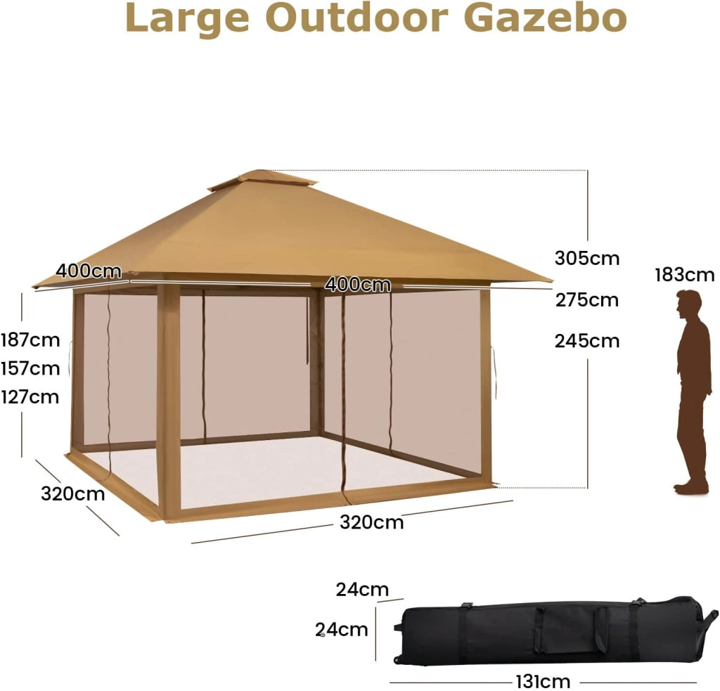 Gazebo da Giardino, 4 x 4 m, Regolabile in Altezza, con Doppio Tetto e Pannelli Laterali, Gazebo Pieghevole, per Giardino, Terrazza, Spiaggia con Corsa per il Trasporto con Ruote, Grigio