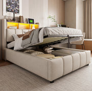 Letto imbottito 90x200 cm beige con LED, USB-C e contenitore