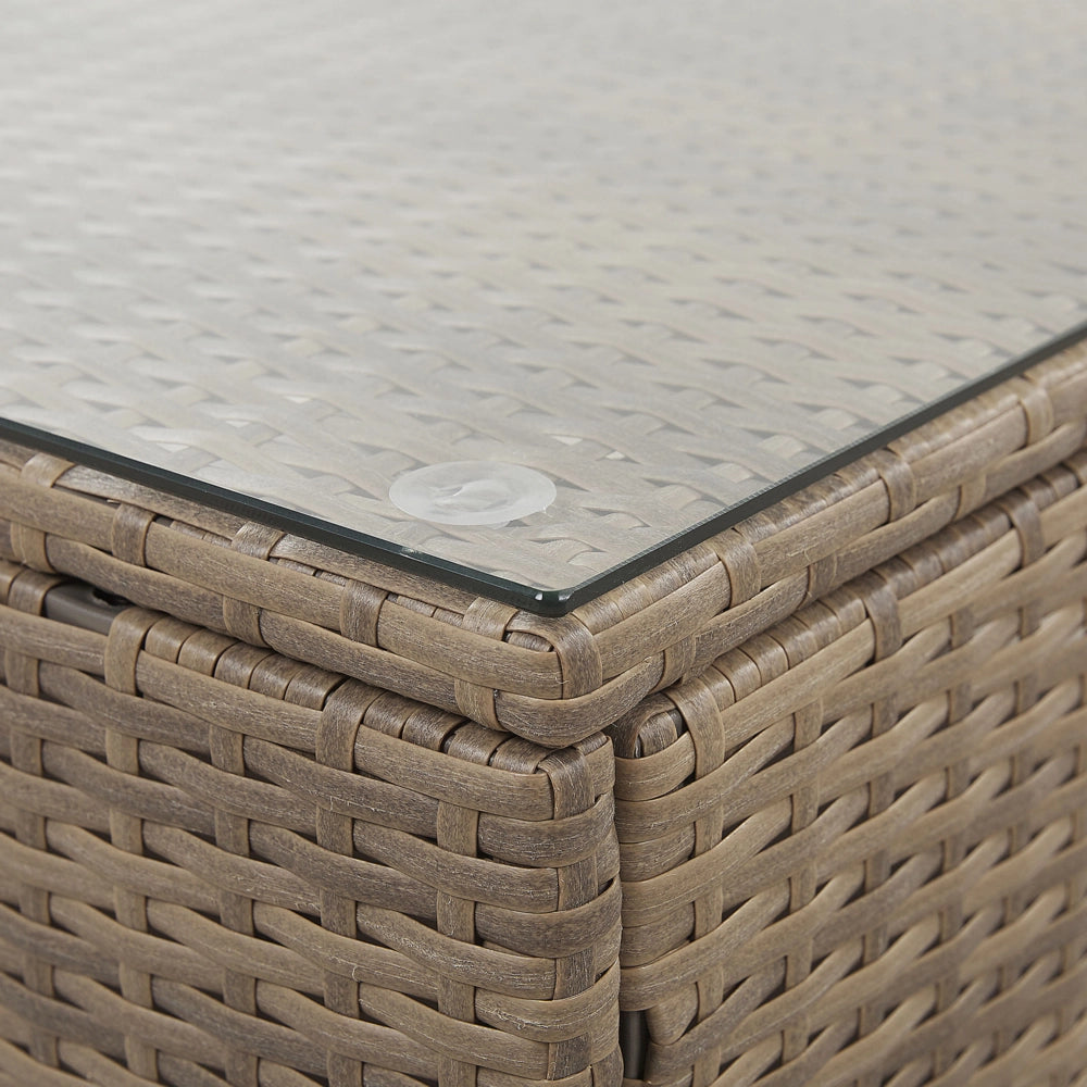 Set salotto da esterno marrone finto rattan bianco cuscini divano angolare modulare per 6 persone tavolino moderno set da giardino