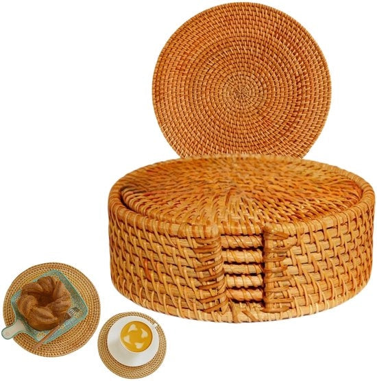 Set di 6 sostegni in rattan, diametro 10-20 cm. Sostegni per tavolo. Tessuto a intreccio autunnale in rattan per bicchieri, tazze, bar - Decorativo - Set di sostegni per bicchieri (diametro 16 cm).