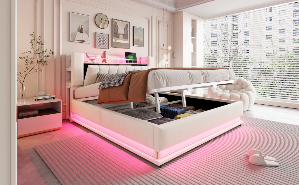 Letto imbottito smart con LED, USB e contenitore idraulico, 180x200 cm, beige