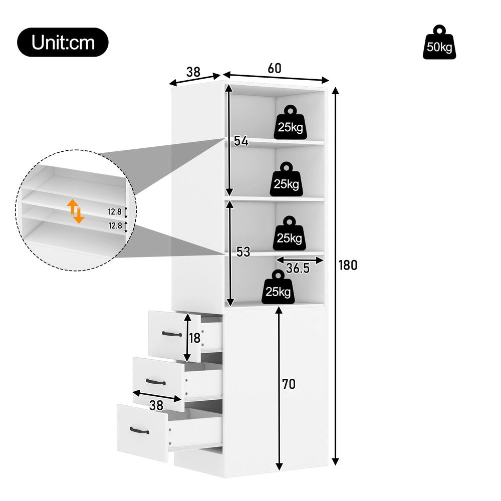 Libreria Stretta con Cassetti e Ripiani Regolabili ¨C Xylo ¨C Bianco, 180 cm