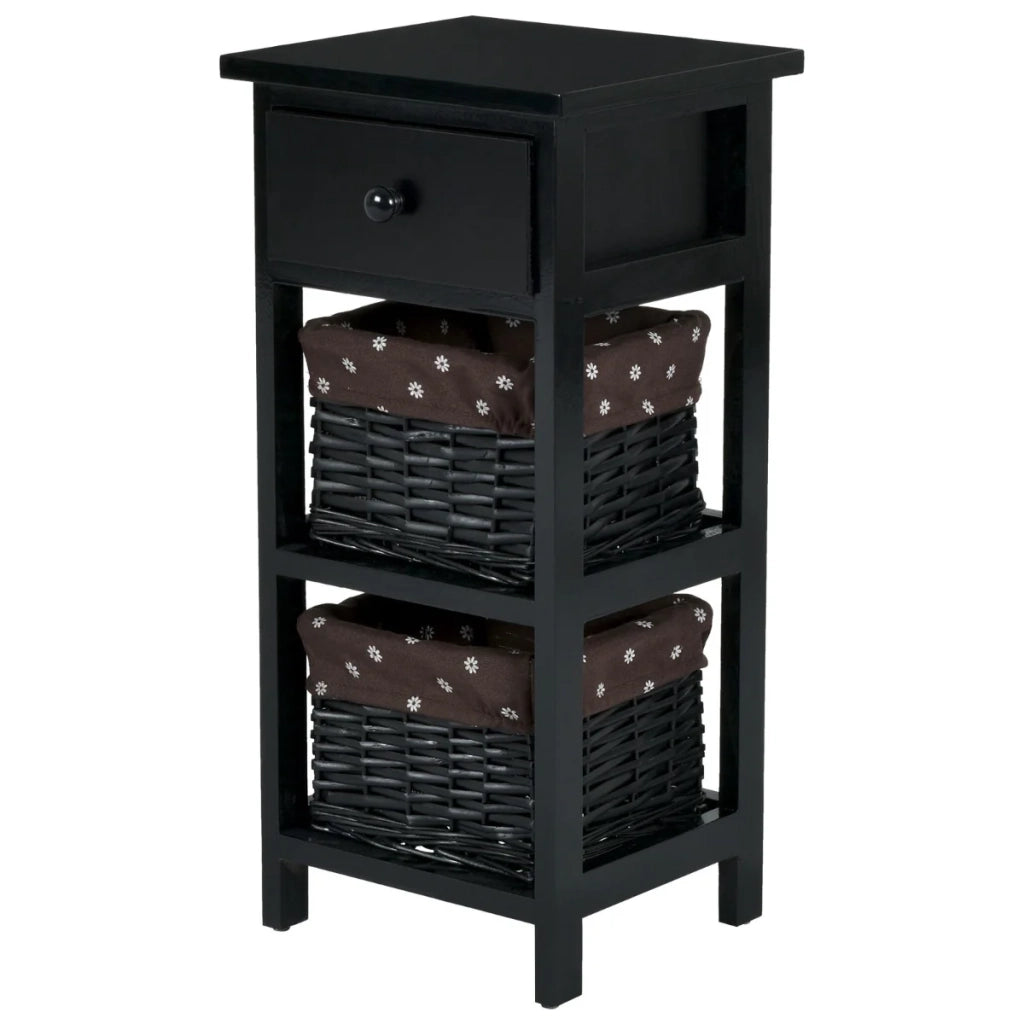 Comodino con cassetto e 2 cestini estraibili 28 x 26 x 60 cm design moderno in legno di paulonia nero 20_0013961
