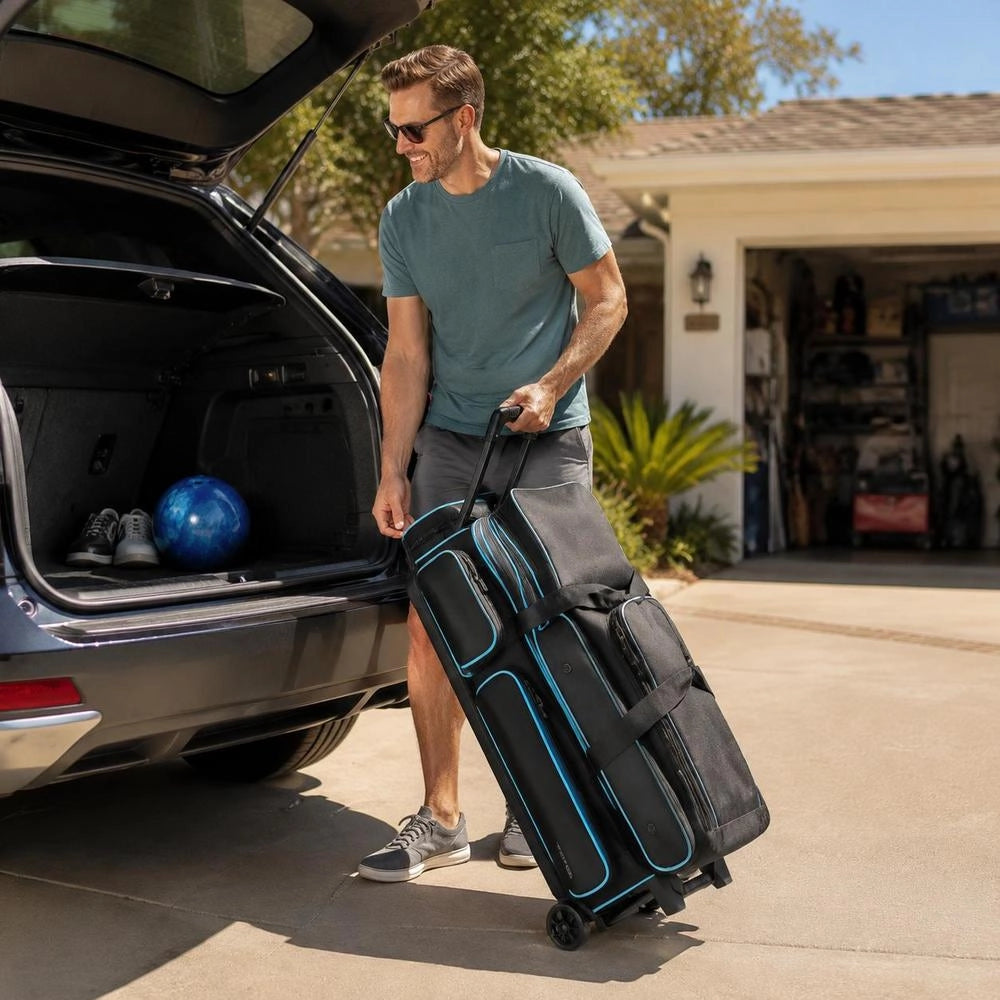 Bowling Ball Bag For 3 Balls With Double Wheels & Separate Compartment For Shoes (up To US Size 16) & Oversized Accessory Pocket, Retractable Handle Extends To 105 Cm. Black + Blue
